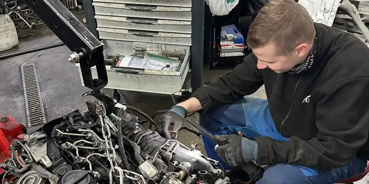 Mechanik pracuje przy silniku wyjętym z samochodu.